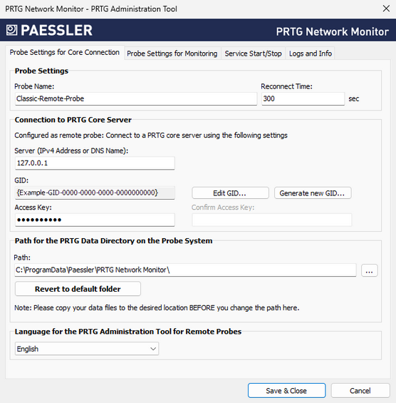 Probe Settings for Core Connection Tab